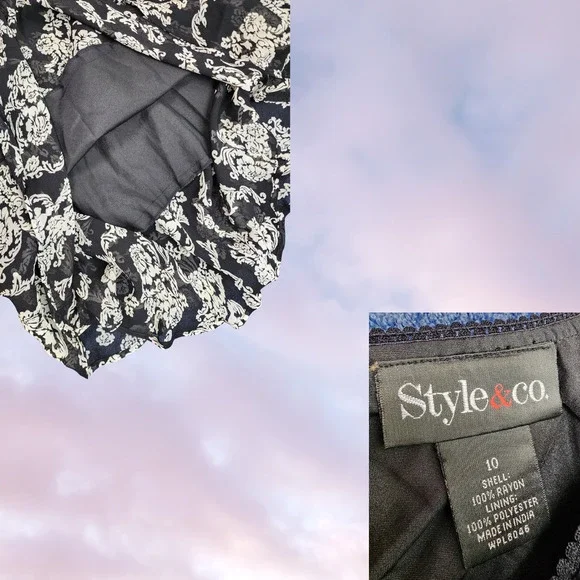 Y2k Black Off White Floral Mod Retro Long Midi Ruffle Layered Rayon Skirt 10 - Picture 3 of 4